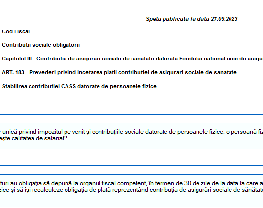 Stabilirea contribuției CASS – persoană fizică care nu realizează venituri și care a optat pentru plata contribuției de asigurări sociale de sănătate (ANAF)