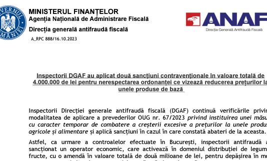 Inspectorii DGAF au aplicat două sancțiuni contravenționale în valoare totală de 4.000.000 de lei pentru nerespectarea OUG nr. 67/2023