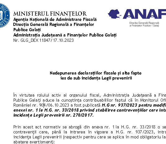 ANAF (oficial) – nedepunerea declarațiilor fiscale și alte fapte ies de sub incidența Legii prevenirii