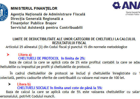 Limite de deductibilitate ale unor categorii de cheltuieli la calculul rezultatului fiscal – material oficial ANAF (actualizat 2023)
