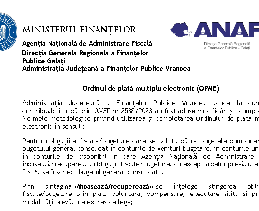 Ordinul de plată multiplu electronic (OPME) – info oficial ANAF cu privire la noile modificari