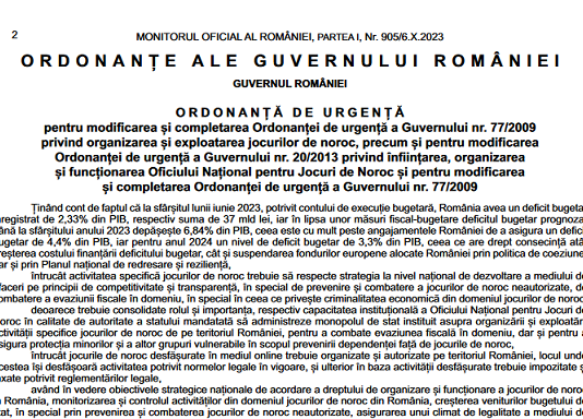 OUG nr. 82/2023 – modificarea și completarea OUG nr. 77/2009 privind organizarea și exploatarea jocurilor de noroc, modificarea OUG nr. 20/2013 (ONJN)