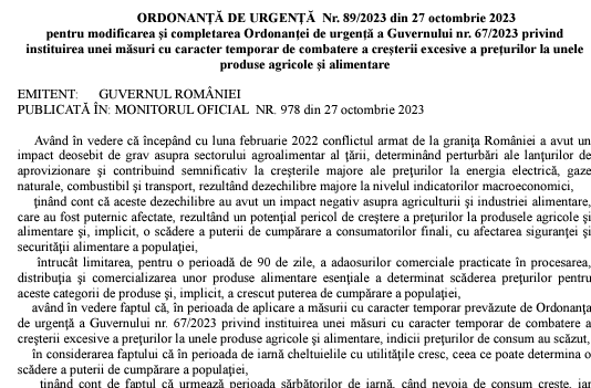 Plafonare preturi la produse de bază – ce modificări a adus OUG nr. 89/2023 asupra OUG nr. 67/2023 (oficial)
