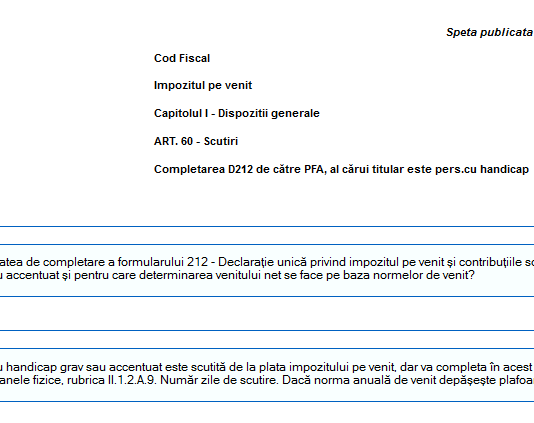 Completarea Declarației Unice (D 212) de către PFA, al cărui titular este persoana cu handicap – speță oficiala ANAF (2023)