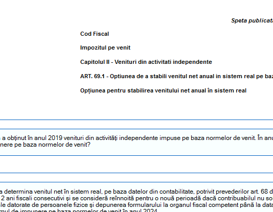 Opțiunea pentru stabilirea venitului net anual în sistem real – răspuns oficial ANAF (speță oficiala)