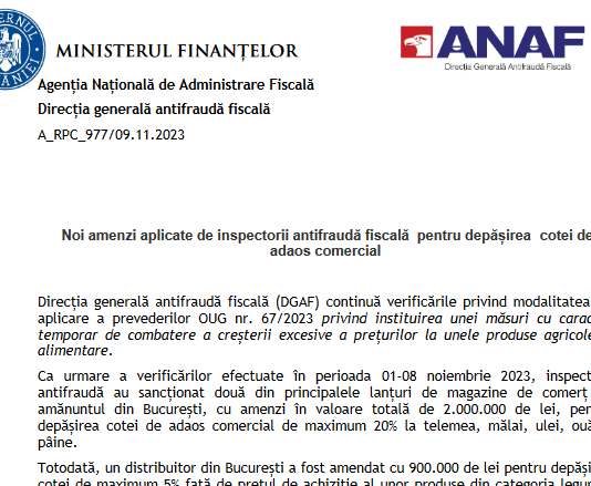 ANAF – noi amenzi aplicate de inspectorii antifraudă fiscală pentru depășirea cotei de adaos comercial