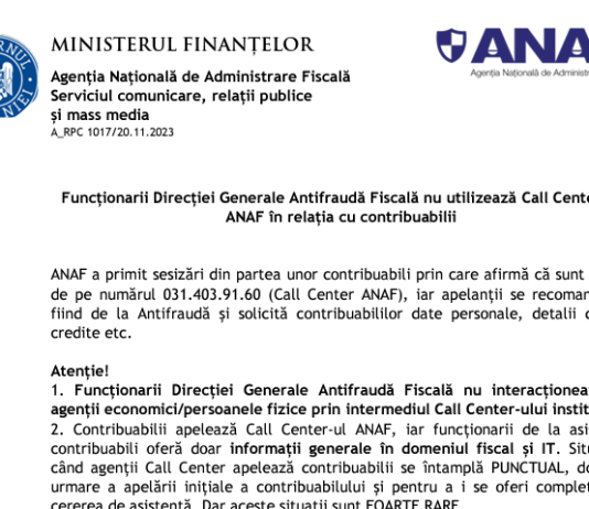 ANAF – funcționarii Direcției Generale Antifraudă Fiscală nu utilizează Call Center-ul ANAF în relația cu contribuabilii