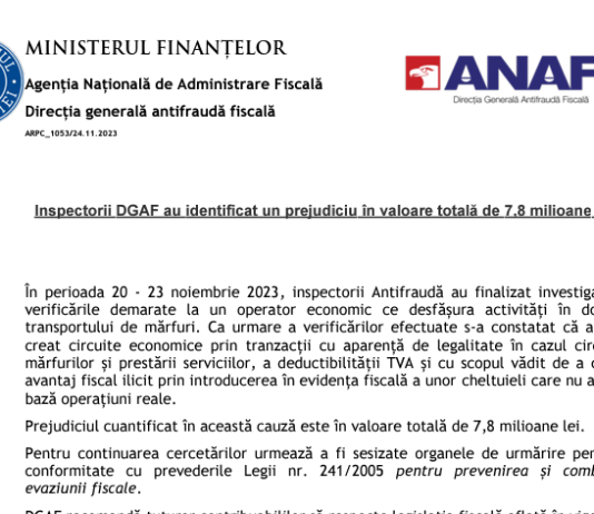 ANAF – inspectorii DGAF au identificat un prejudiciu în valoare totală de 7,8 milioane de lei (în domeniul transportului de mărfuri)