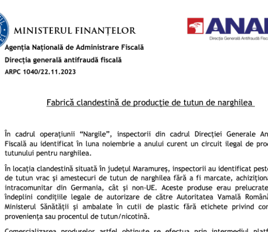 ANAF – fabrică clandestină de producție de tutun de narghilea depistată de inspectorii Antifraudă