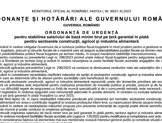 OUG nr. 93/2023 – un nou salariu de bază minim brut pe țară garantat în plată pentru domeniile construcții, sector agricol și industria alimentară (din 01.11.2023)