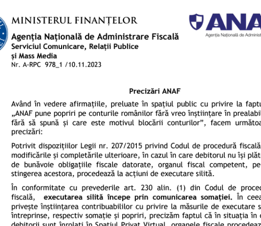 Precizări ANAF – cu privire la faptul că pune popriri pe conturile românilor fără vreo înștiințare în prealabil sau fără să spună și care este motivul blocării conturilor