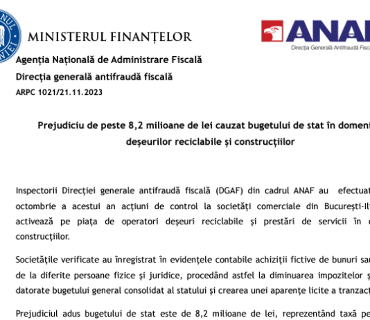 ANAF – prejudiciu de peste 8,2 milioane de lei cauzat bugetului de stat în domeniile deșeurilor reciclabile și construcțiilor