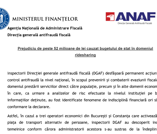 ANAF – prejudiciu de peste 52 milioane de lei cauzat bugetului de stat în domeniul ridesharing