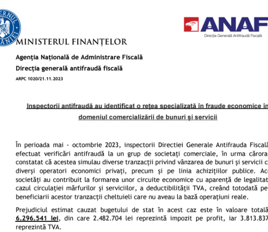 ANAF – inspectorii Antifraudă au identificat o rețea specializată în fraude economice în domeniul comercializării de bunuri și servicii