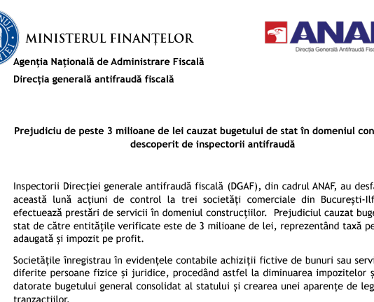 ANAF – prejudiciu de peste 3 milioane de lei cauzat bugetului de stat în domeniul construcții, descoperit de inspectorii Antifraudă