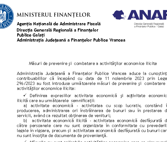 ANAF (oficial) – măsuri de prevenire și combatere a activităților economice ilicite, in vigoare din 11.11.2023