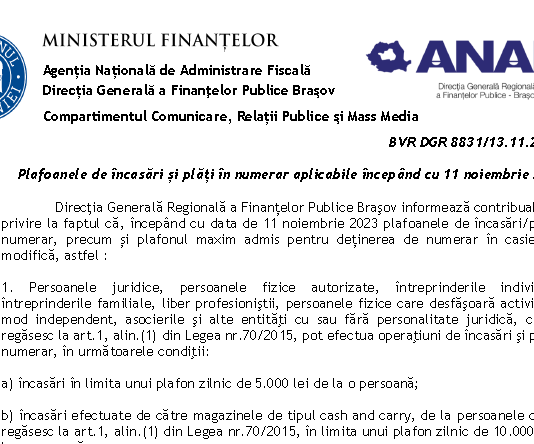 ANAF (materiale oficiale) – plafoanele de încasări și plăți în numerar aplicabile începând cu 11 noiembrie 2023