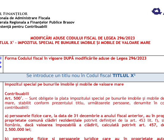 Modificările aduse Codului Fiscal de Legea 296/2023 – la Titlul X „Impozitul special pe bunurile imobile şi mobile de valoare mare” (tabel comparativ)