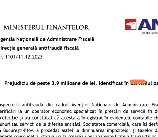 ANAF – prejudiciu de peste 3,9 milioane de lei, identificat în domeniul pază şi protecție