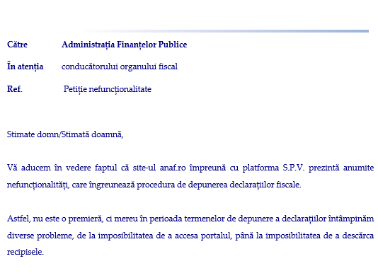 Adresa prelungire termen depunere declarații fiscale ANAF – de depus in SPV (opțional)