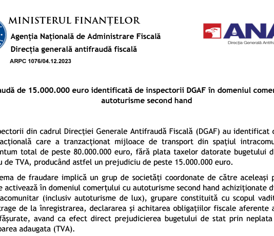 ANAF – fraudă de 15.000.000 euro identificată de inspectorii DGAF în domeniul comerțului cu autoturisme second-hand
