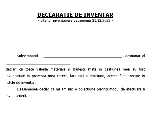 Model „Declarație gestionar final inventar la 31.12.2023” – formular ce se completează după efectuarea procesului de inventariere anuală