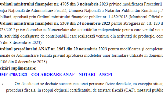 Oficial ANAF (noutăți legislative) – colaborare ANAF-notari, eliminare IT de la norme de venit și noi formulare emise prin UIR