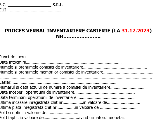 Proces-Verbal inventariere numerar casierie unitate – model pentru dosar inventar anual 31.12.2023 (editabil, gratuit)