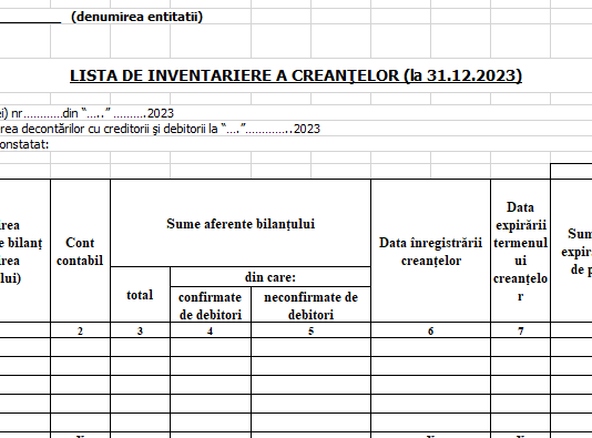 Lista de inventariere a creanțelor – model util pentru dosar inventariere anuală la 31.12.2023 (gratuit, editabil, orientativ)