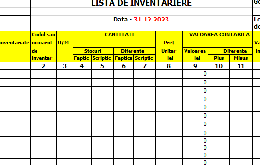 Formular gratuit și editabil – listă de inventariere (model pentru inventarierea anuala la 31.12.2023)