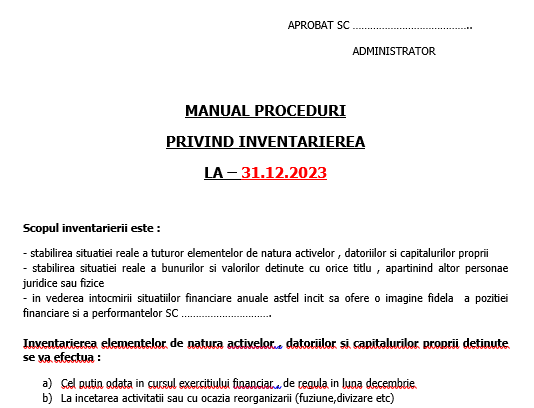Manual Proceduri Inventariere la 31.12.2023 – gratuit, editabil, orientativ (document necesar în procesul inventarierii anuale)