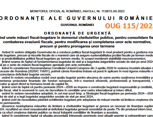 OUG nr. 115/2023 – noi modificări fiscale din 01.01.2024, noi măsuri pentru consolidare fiscală si combaterea evaziunii fiscale (ordonanța trenuleț)