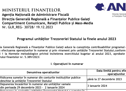 NEWS (oficial ANAF) – programul unităților Trezoreriei Statului la finele anului 2023