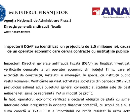 ANAF (DGAF Antifraudă) – prejudiciu de 2,5 milioane lei, cauzat de un operator economic care derula contracte cu instituțiile publice