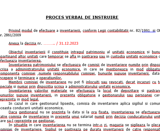 Model „Proces-Verbal de instruire” – pentru membrii comisiei de inventariere anuală, la 31.12.2023 (editabil)
