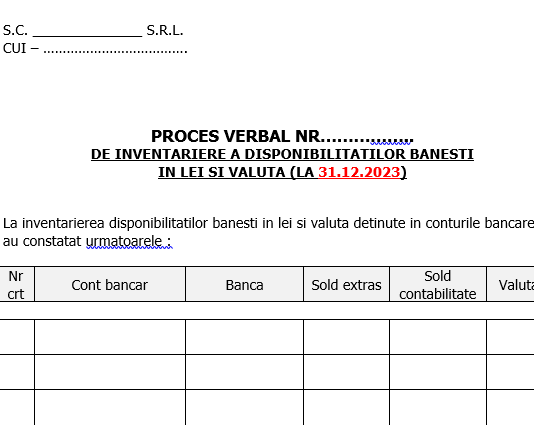 Proces-Verbal inventariere disponibilități bănești (lei și valută) – model editabil pentru inventariere anuală conturi bancă la 31.12.2023
