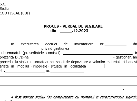 Proces-Verbal de sigilare (gratuit, editabil) – model util la dosar inventariere anuală la 31.12.2023