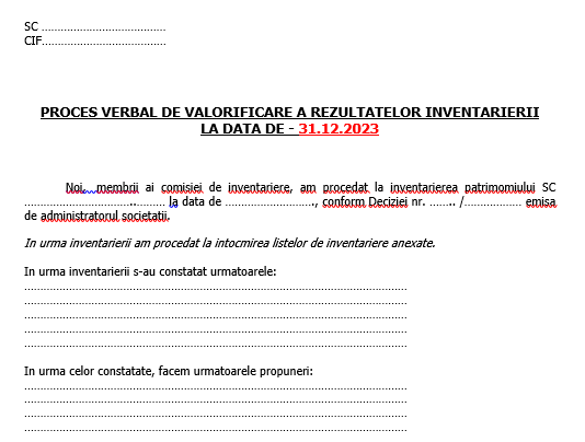 Proces-Verbal de valorificare a rezultatelor inventarierii la 31.12.2023 – model necesar pentru dosar inventar anual (editabil, orientativ, gratuit)
