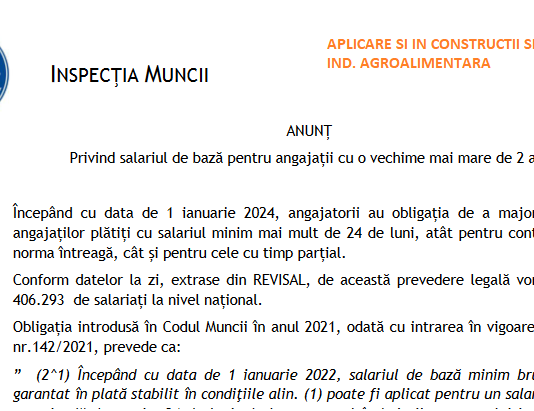ATENȚIE (revenire) – construcțiile si industria agroalimentară aplică prevederile privind salariul de bază pentru angajații cu o vechime mai mare de 2 ani !