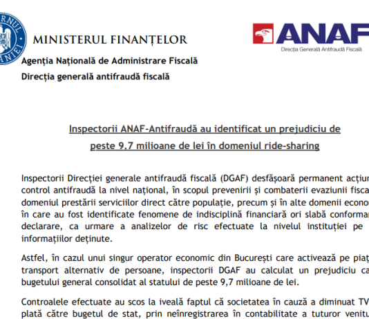 NEWS – inspectorii ANAF-Antifraudă au identificat un prejudiciu de peste 9.,7 milioane de lei în domeniul ride-sharing
