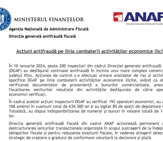 ANAF (11.01.2024) – acțiuni Antifraudă pe linia combaterii activităților economice ilicite