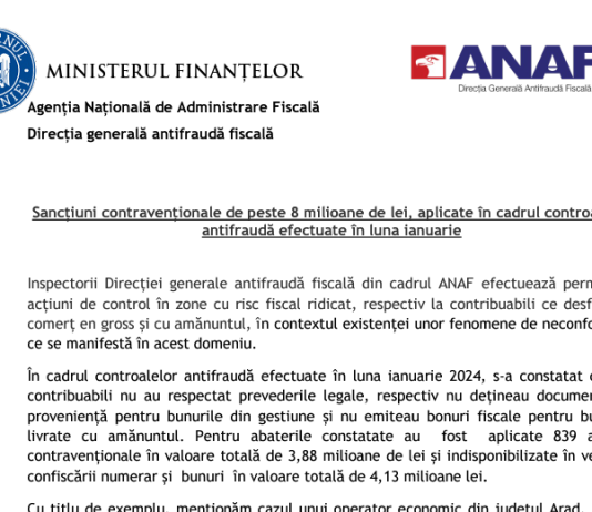 ANAF (oficial) – sancțiuni contravenționale de peste 8 milioane de lei, aplicate în cadrul controalelor Antifraudă efectuate în luna ianuarie 2024