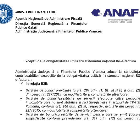 ANAF (oficial) – excepții de la obligativitatea utilizării sistemului național RO e-Factura