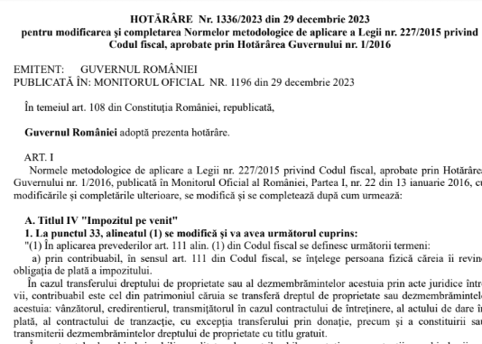 HG nr. 1336/2023 – modificarea şi completarea Normelor metodologice de aplicare a Legii nr. 227/2015 privind Codul Fiscal