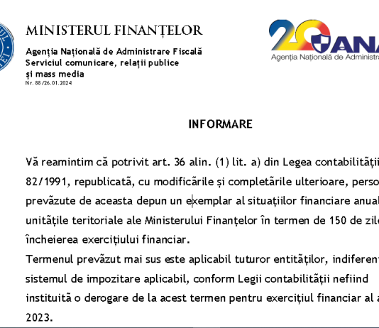 Termenul de depunere a bilanțului la 31.12.2023 – se aplica tuturor entităților, indiferent de sistemul de impozitare aplicabil (oficial MF/ANAF)