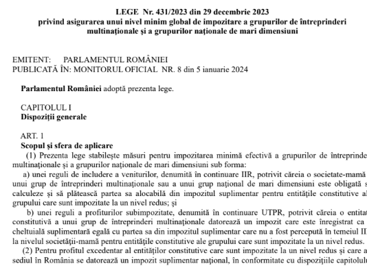 Legea nr. 431/2023 – impozit minim grupuri de multinaționale (info oficial si text integral)