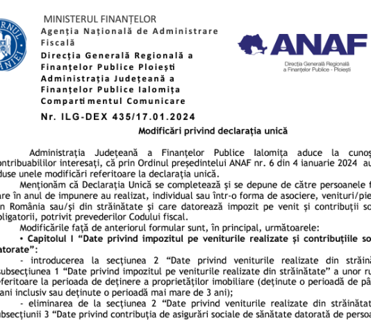 ANAF (material oficial) – care sunt noile modificări privind Declarația Unică 2024 (Formular 212)