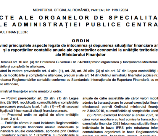 OMF nr. 5394/2023 – întocmirea și depunerea situațiilor financiare anuale și a raportărilor contabile anuale ale operatorilor economici (bilanț 31.12.2023)