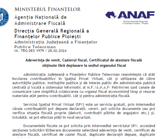 ANAF – adeverinţa de venit, cazierul fiscal, certificatul de atestare fiscală … obţinute fără deplasare la sediul organului fiscal