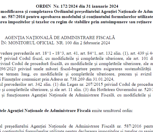 OPANAF nr. 172/2024 – modificare formular D 100 (info noi modificari si text integral ordin)
